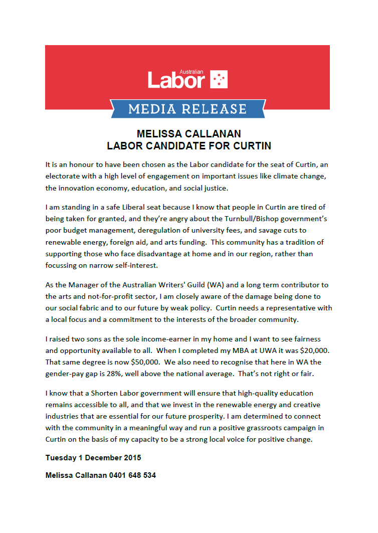 Labor Candidate for Curtin Melissa Callanan
